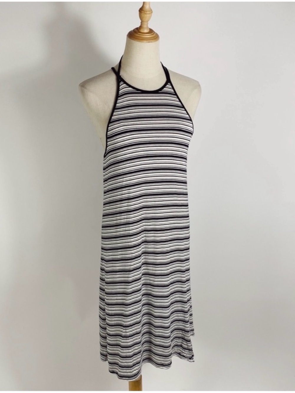 AEO Stretch Striped Knit High Neck Midi Dress Large Black White